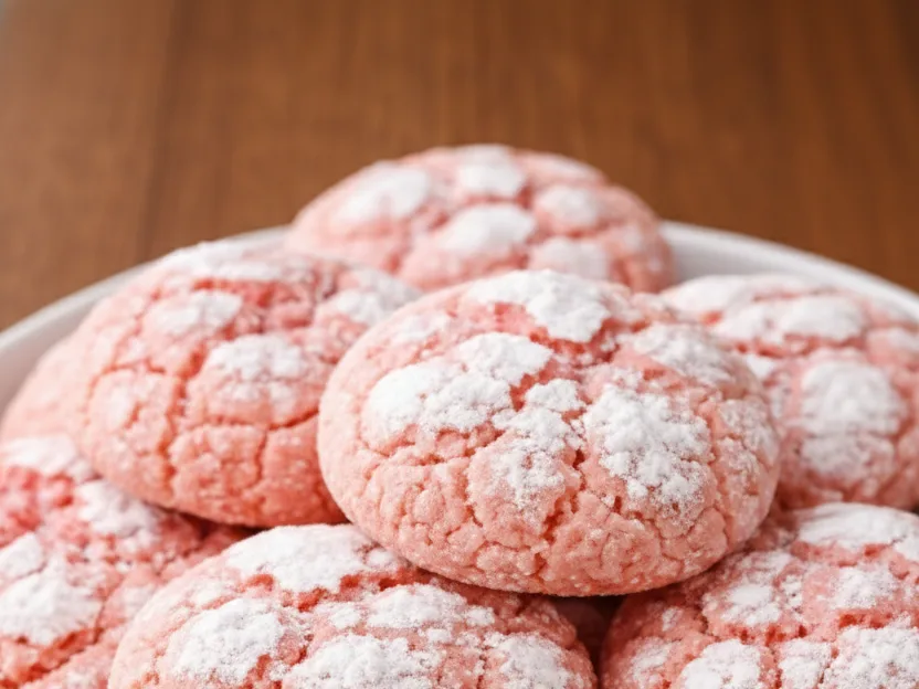 Soft strawberry crinkle cookies dusted with powdered sugar stacked on a white plate over a wooden surface