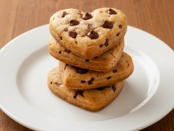 Stack of heart shaped chocolate chip cookies with chocolate chips on a white plate over a wooden surface