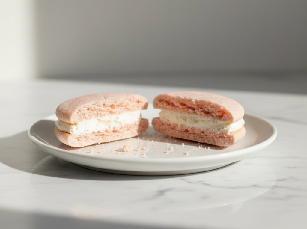 Strawberry shortcake sandwich cookies cut in half showing creamy filling on a marble plate