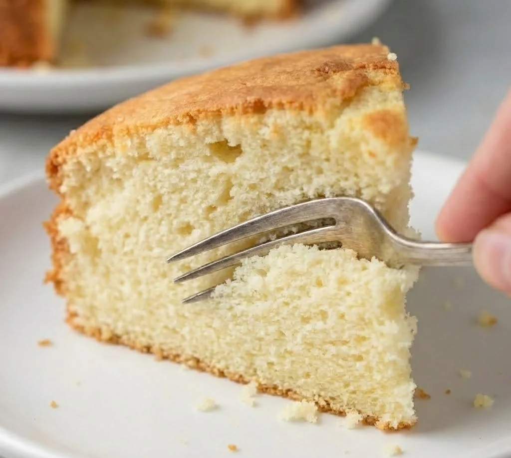 Fork lifting a bite of vanilla sponge cake slice showing soft airy crumb and golden crust