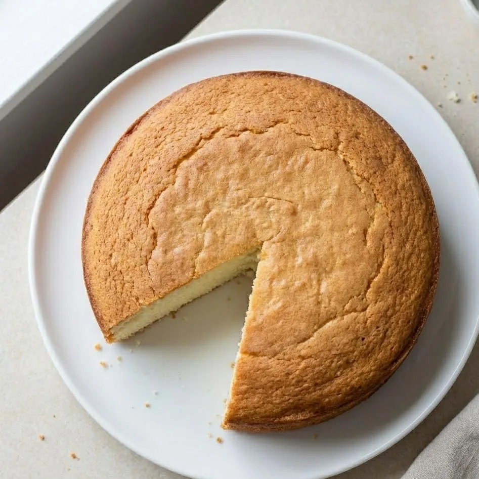 Vanilla sponge cake with one slice removed, matte golden top and soft airy interior on white ceramic plate