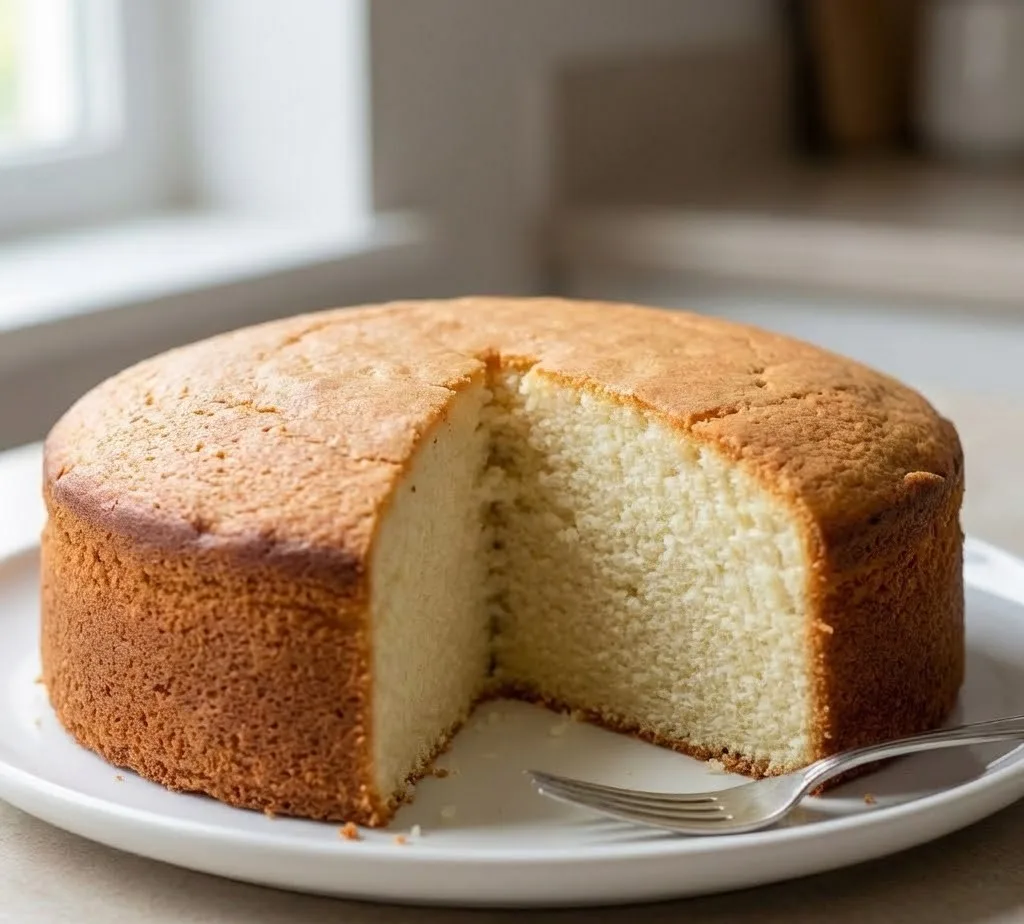 Homemade vanilla sponge cake with one slice removed showing soft airy crumb and golden crust on white plate