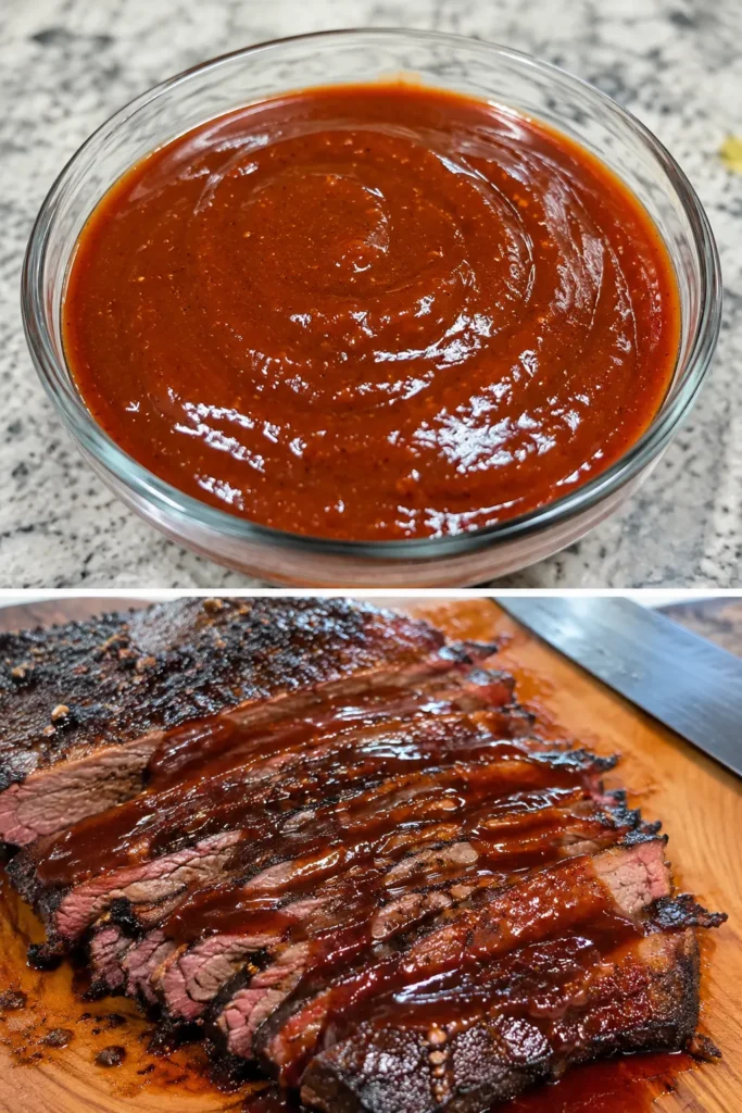 Homemade barbecue sauce served with sliced smoked brisket glazed with barbecue sauce