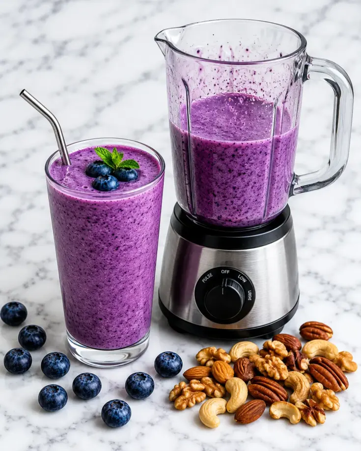 Blueberry smoothie with a blender and a handful of mixed nuts on a white marble countertop.