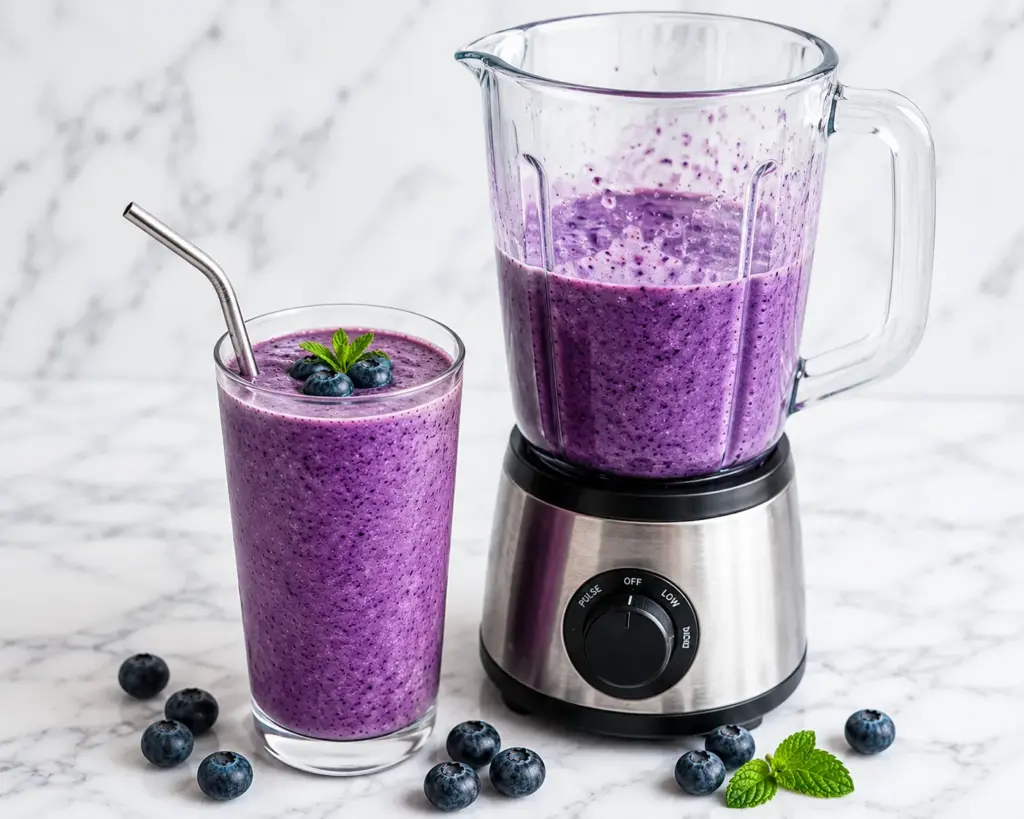 Blueberry smoothie in a glass with a metal straw beside a blender on a white marble countertop.