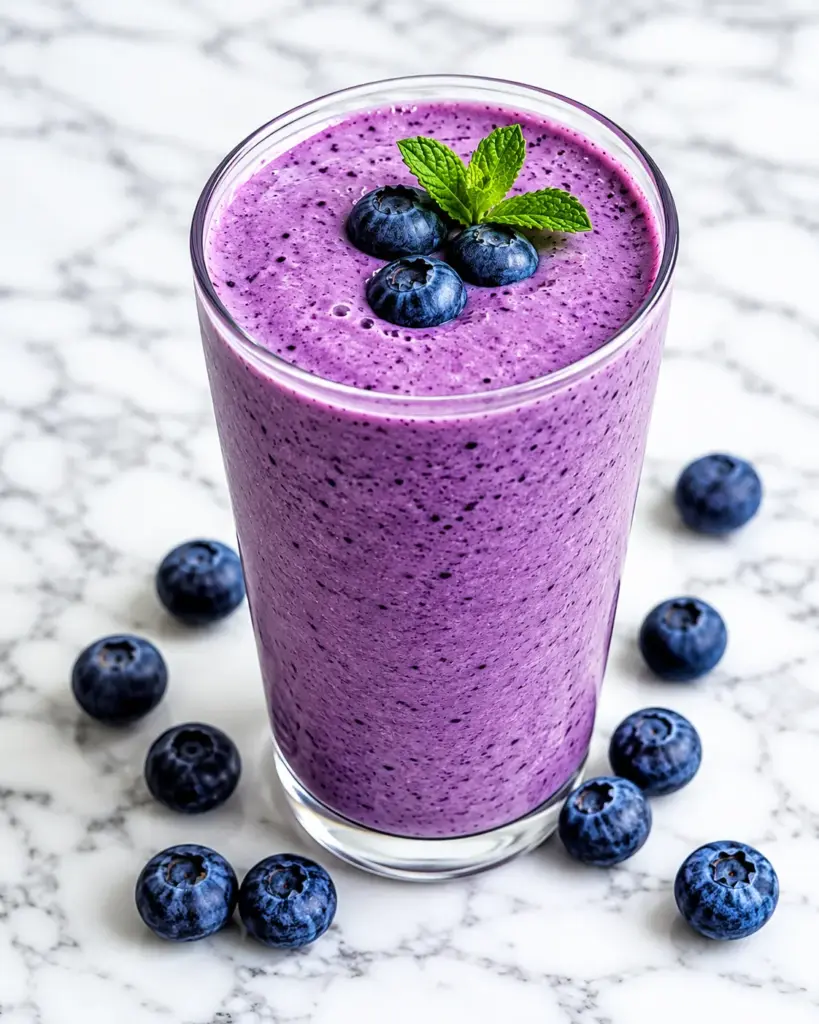 Close-up of a thick and creamy blueberry smoothie topped with fresh blueberries on a marble surface.