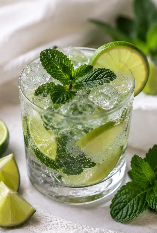 Easy virgin mojito mocktail with fresh mint, lime wedges, and crushed ice in a glass