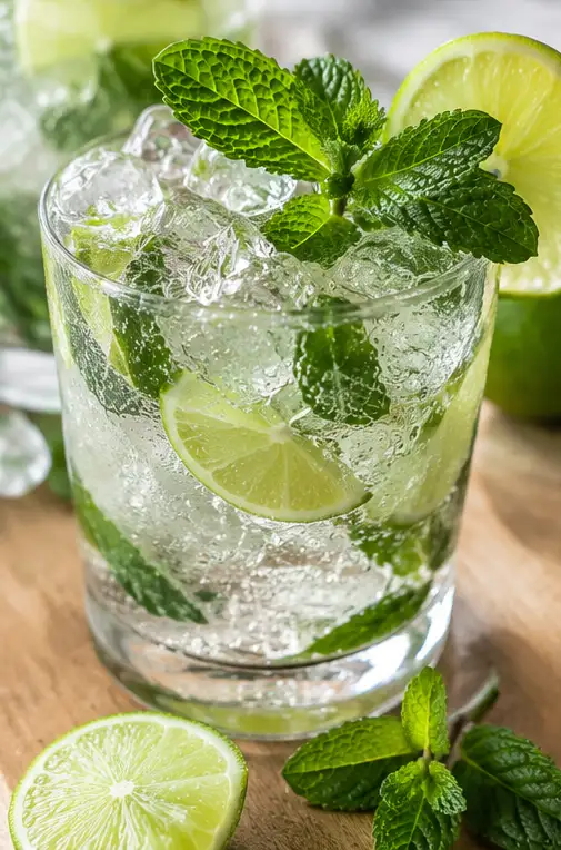 Homemade virgin mojito recipe served with fresh mint, lime, sparkling water, and ice