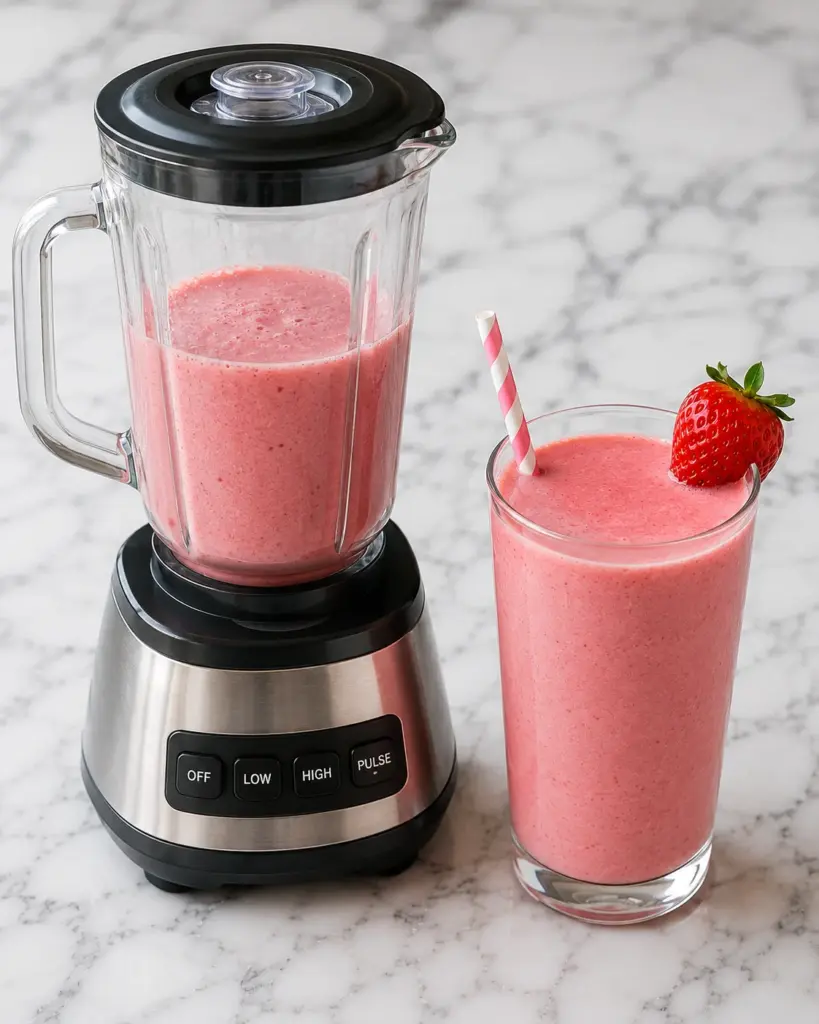 Homemade strawberry smoothie in a glass beside a blender on a white marble countertop.