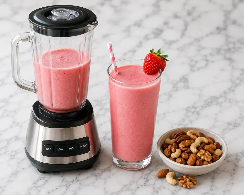 Strawberry smoothie with a blender and a bowl of mixed nuts on a white marble surface.