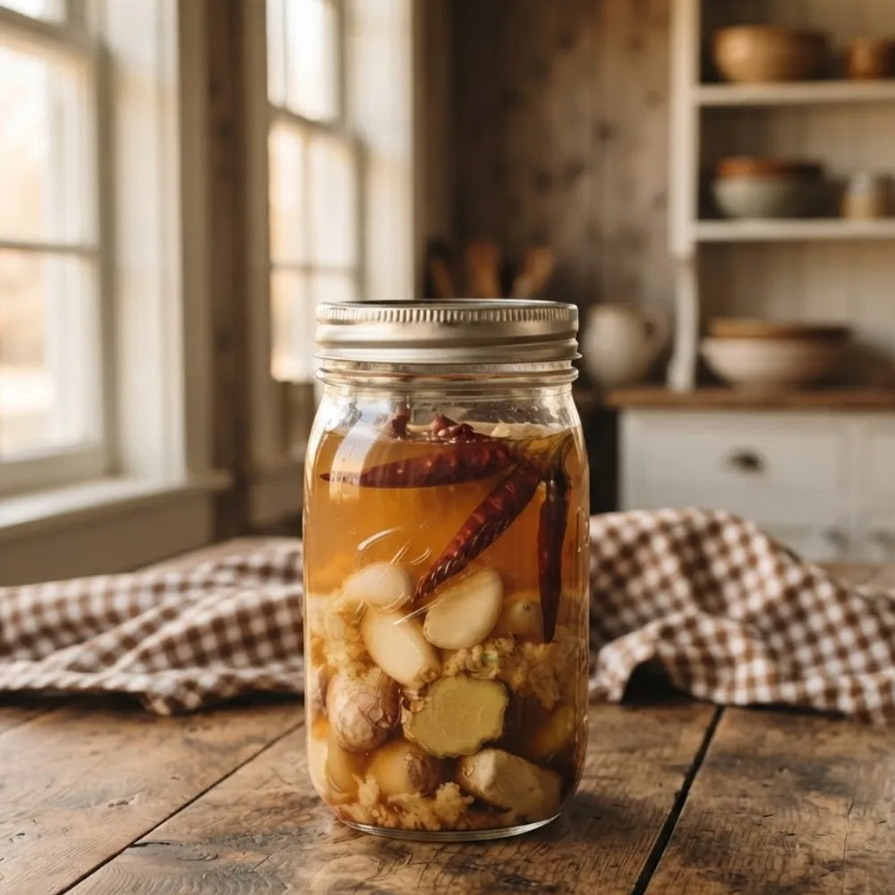 Rustic Amish-style fire cider recipe with garlic, ginger and dried chili peppers infused in apple cider vinegar.