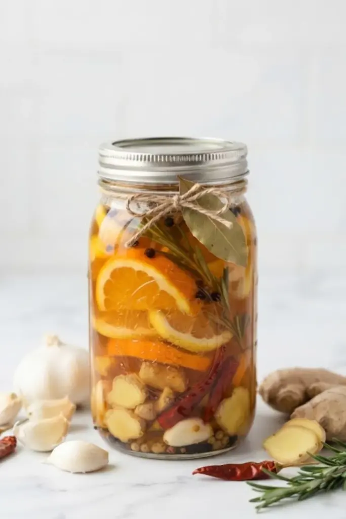 Close-up of a homemade fire cider recipe with oranges, lemons, garlic, ginger, chili peppers and herbs in vinegar.