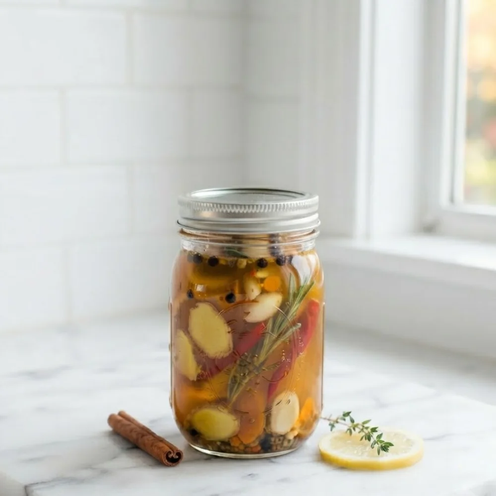 Mason jar of homemade fire cider infusing with ginger, garlic, citrus, herbs and spices in apple cider vinegar.