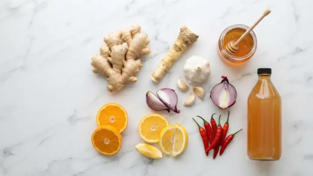 Fresh ingredients for a traditional fire cider recipe including ginger, horseradish, garlic, onion, citrus, hot peppers, honey and apple cider vinegar.