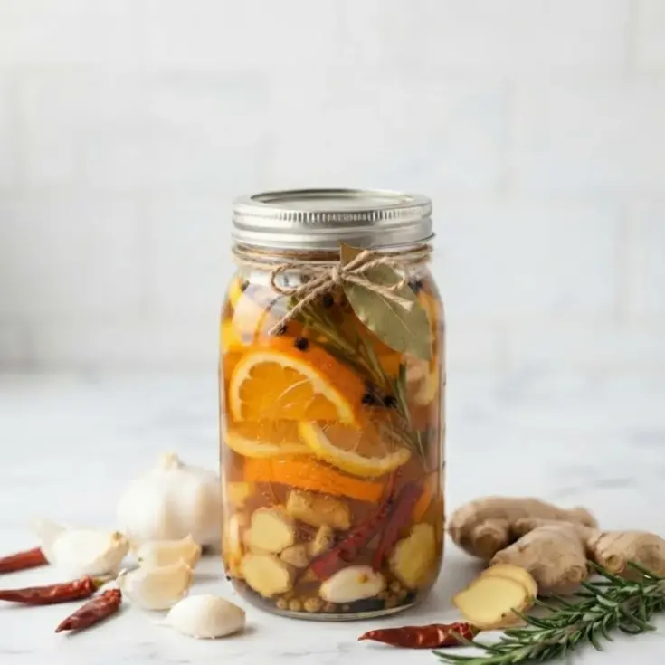 Homemade fire cider recipe in a mason jar with apple cider vinegar, ginger, garlic, oranges, lemons and chili peppers.