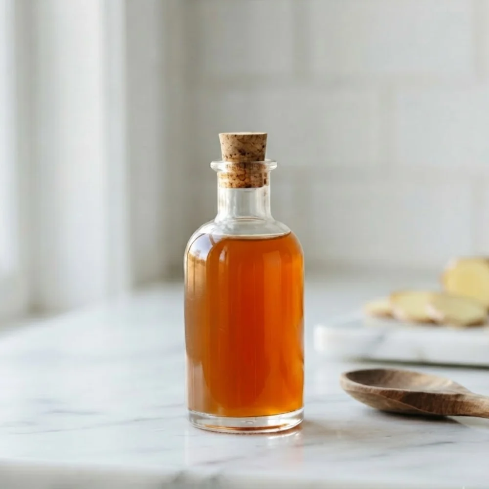 Bottle of strained homemade fire cider tonic made with apple cider vinegar, honey, garlic and ginger.