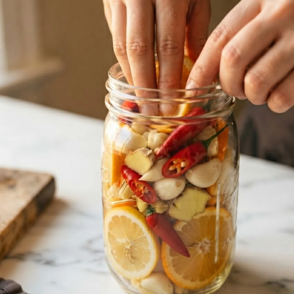 Hands packing ginger, garlic, citrus and chili peppers into a mason jar to make homemade fire cider.
