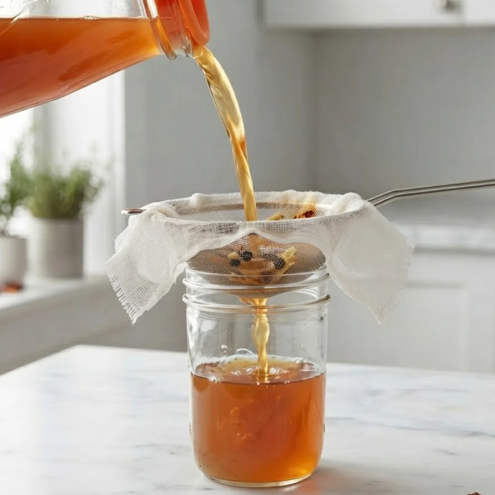 Homemade fire cider being strained through cheesecloth after a four-week infusion before adding raw honey.