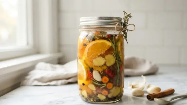Mason jar filled with fresh ginger, citrus, garlic, rosemary and spices soaking in apple cider vinegar for fire cider.