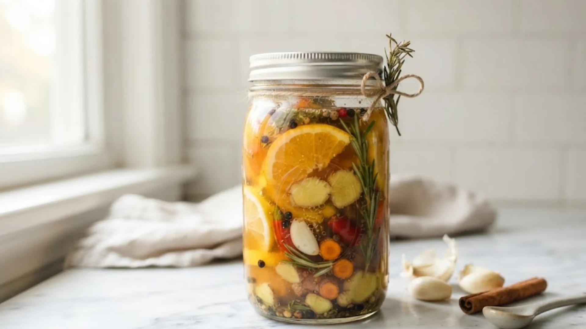Mason jar filled with fresh ginger, citrus, garlic, rosemary and spices soaking in apple cider vinegar for fire cider.